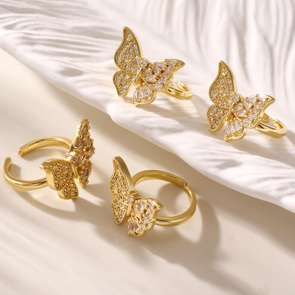 Nivora Stereoscopic Zircon Butterfly Open Rings For Women Girls PVD Gold Plated Copper Engagement Index Finger Wedding Zircon