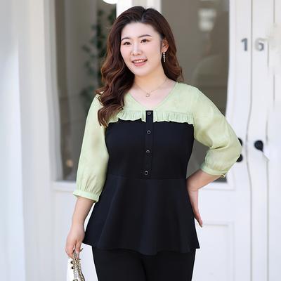 Fashionable Mom Plus-size Women's Top Spring and Summer Short-sleeved Patchwork Pullover V-neck Shirt