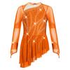 Girls Sparkly Rhinestones Dance Dress Mesh Long Sleeves Cutout Back Asymmetric Hem Figure Skating Dress