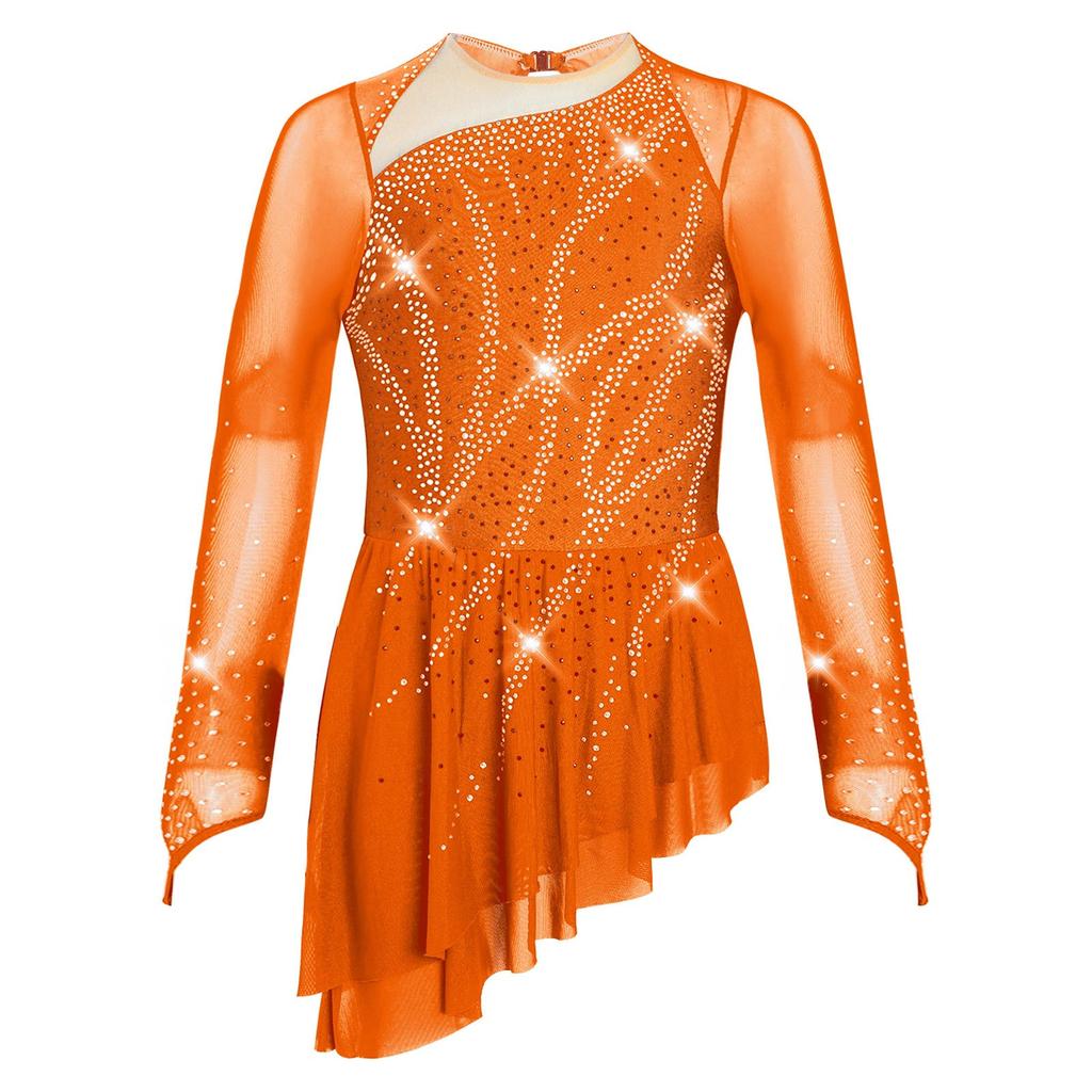 Girls Sparkly Rhinestones Dance Dress Mesh Long Sleeves Cutout Back Asymmetric Hem Figure Skating Dress