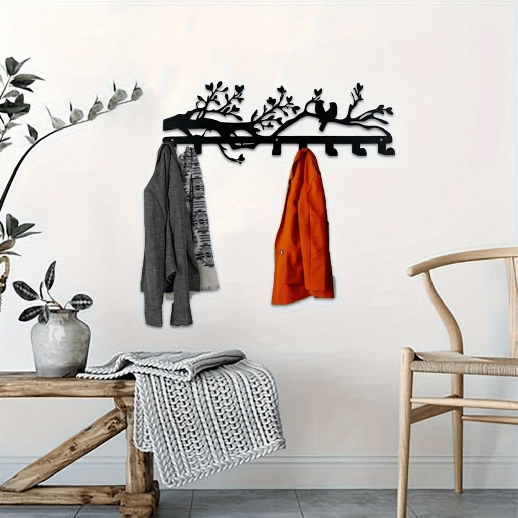 Metal Birds Key Holder Wall Mount Coat Hat Towel Rack Modern Floral Decor