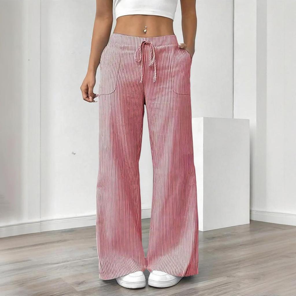 Pantaloni Larghi a Righe in Lino da Donna, Vita Alta con Coulisse, Pantaloni Palazzo Casual con Tasche, Pantaloni Estivi a Vestibilità Larga