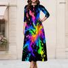 Women Plus Size Keyhole Neck Three Quarter Sleeve Rainbow Splash Print Black Maxi Dress