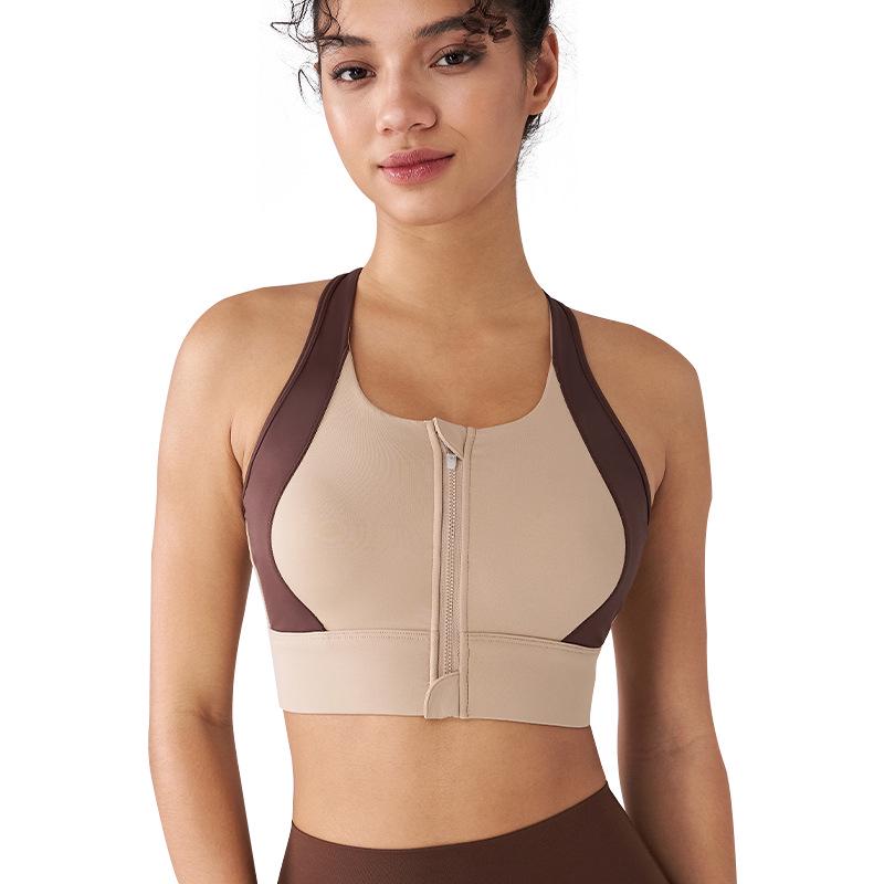 Women's Shockproof Colorblock Sports Bra with Front Zipper - High-Intensity Running & Anti-Sagging Yoga Vest