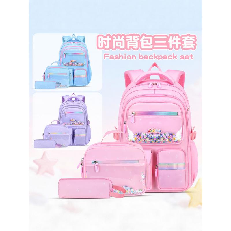 School Bags For Primary School Students And Girls, Multi-Layer Large-Capacity Lightweight Burden Reduction Three-Piece Set, School Bags Are Childlike