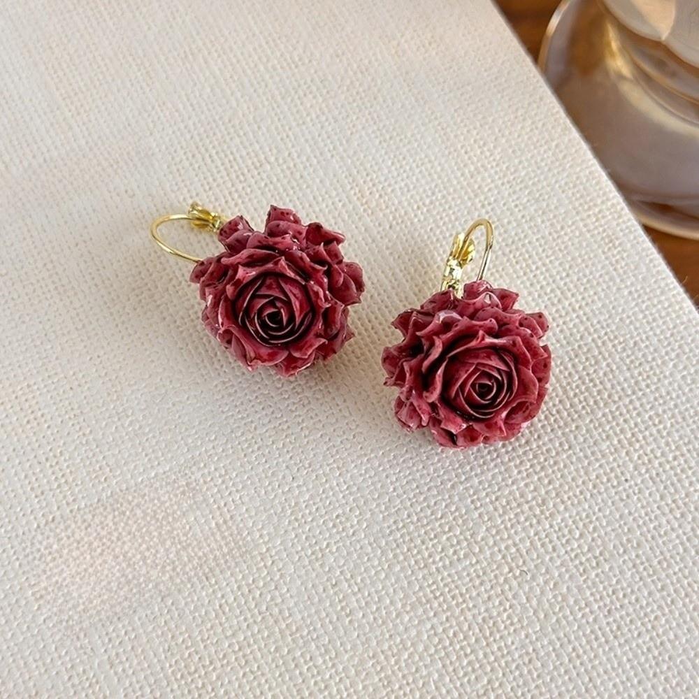 Retro Artificial Rose Earrings Resin Romantic Ear Hooks Preserved Flower Earrings Gift Giving