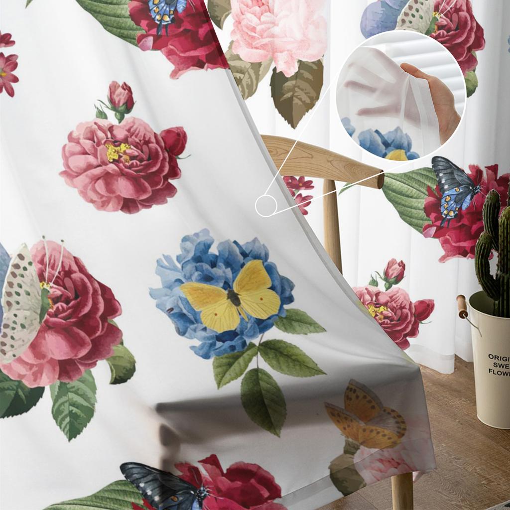 Colorful Flower Butterfly White Sheer Curtains for Living Room Decoration Window Curtains Kitchen Tulle Voile Organza Curtains
