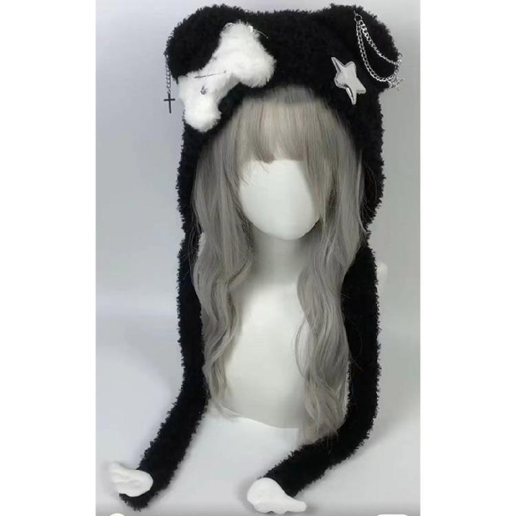 Warm Black Bear Hat with Ear Wing Furry Caps Cartoon Ear Hat Solid Color Winter Plush Hat for Casual Wear