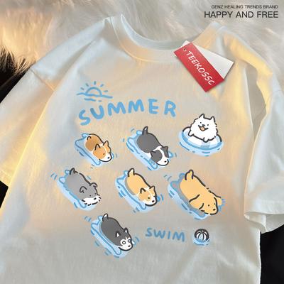 Divertida Camiseta de Gato y Perro Nadando Estilo Japonés para Mujer Camisetas Casuales Holgadas Tops de Algodón de Verano Moda Transpirable Camiseta Ropa