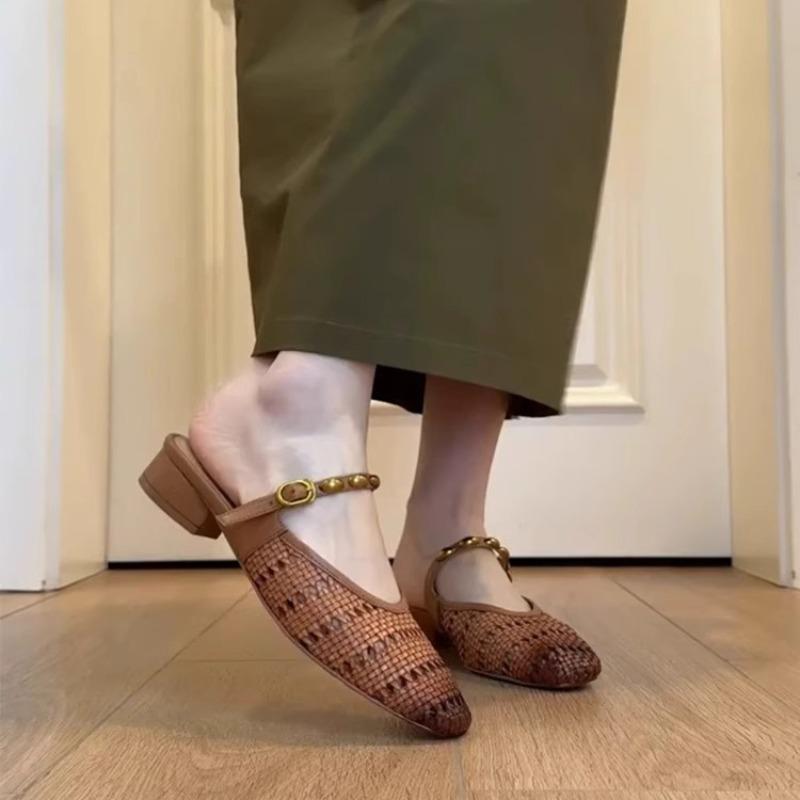 Fashion French Woven Cutout Slip-on Half Slippers Fashion New Square Toe Shallow Mouth Metal Buckle Block Heel Wrapped Sandals