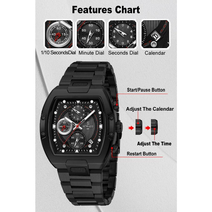 New Design Tonneau Watch Men Luminous Waterproof Date Stainless Steel Chronograph Quartz Watches for Men Relogio Masculino