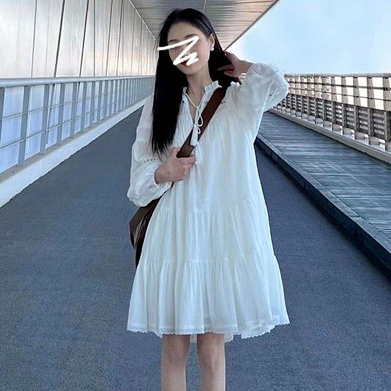 

Stylish Niche Style Cut Out White Lace Dress Female Summer New Arrival Ethnic Style Loose Long Sleeves A- line Skirt 772# [Long sleeves]] 3XL