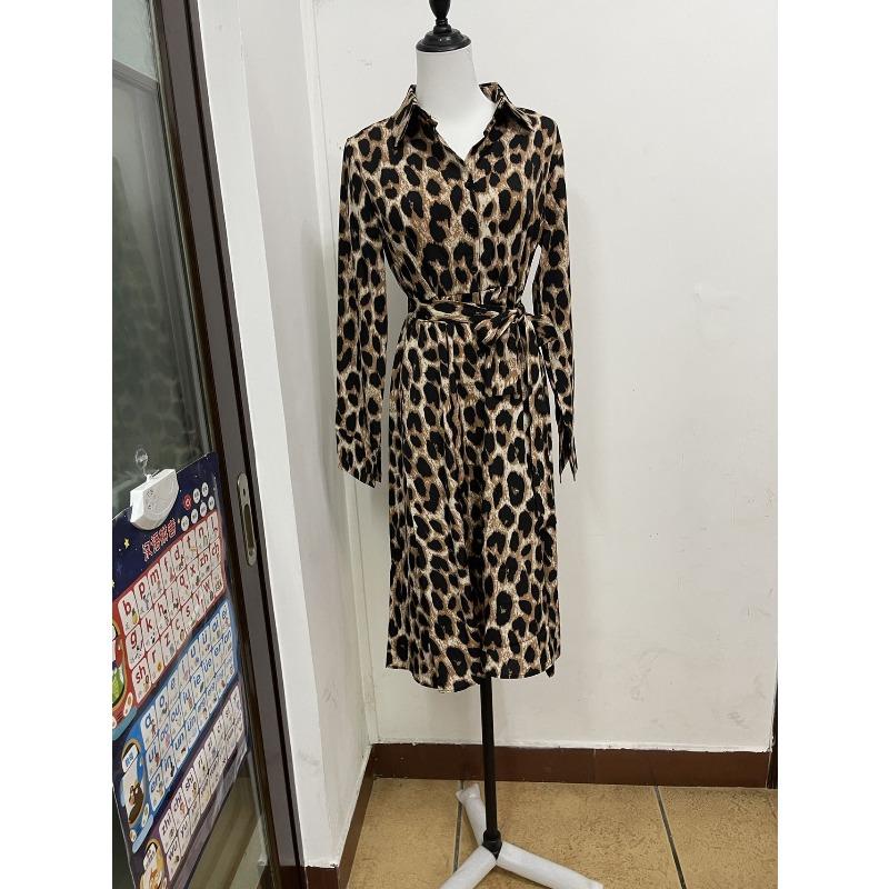 Women's Leopard Print Dress Spring Long Sleeve Lapel Lace-up Button Up Loose Casual Sexy Dress Women Summer Elegant A Line Office Ladies Long Dresses