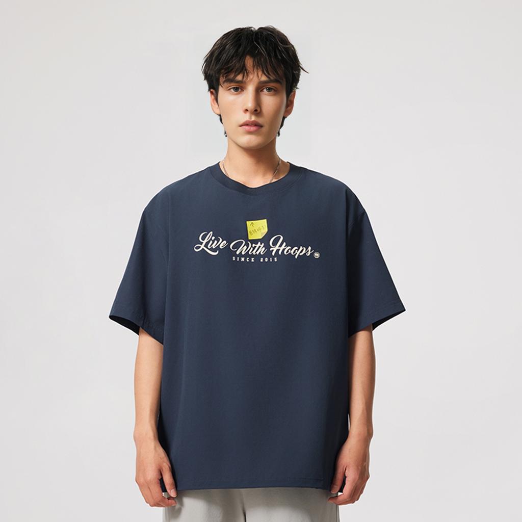Li Ning Bad Five Letter Round Neck Breathable Versatile Loose Short Sleeve T-Shirt Men T-Shirts Deep-Navy-Blue AAFV005-2