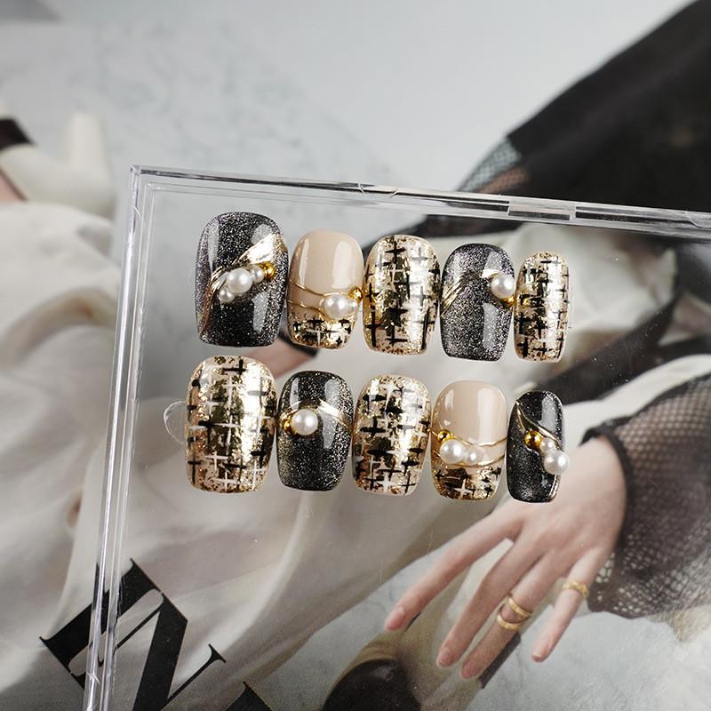 

Pearl Artificial Nail Minimalist Short Style Black Manicure Reusable Wearable XS