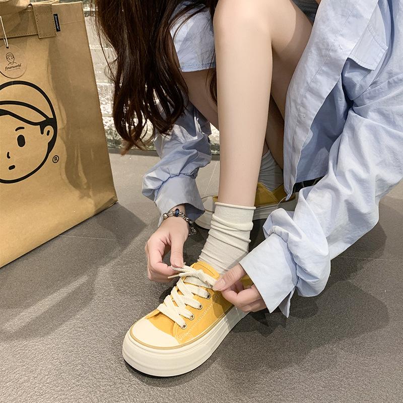 Milk Huhu Mango Big Wide Head Platform Sole Canvas Shoes Women's 2025 Little White Shoes Ins Korean Version Stepping Heel Two Wear Board Shoes