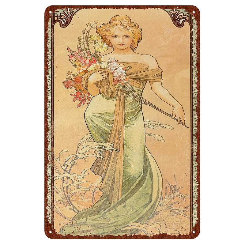 Vintage Metal Tin Signs Beauty-Art Nouveau Decorative Signs Four Seasons - Illustration Girl Retro Wall Decor Home Wall Signs