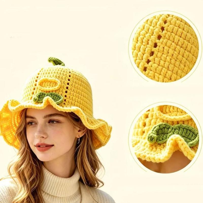 Crochet Bucket Hat with Lemon Design, Soft Brims Cotton Ruffle Fisherman Cap for Winter Outings Travel, Adult Photography Props