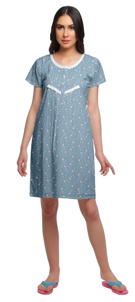Moomaya Cotton Lace Neckline Sleepwear For Women Button Placket Nightdress