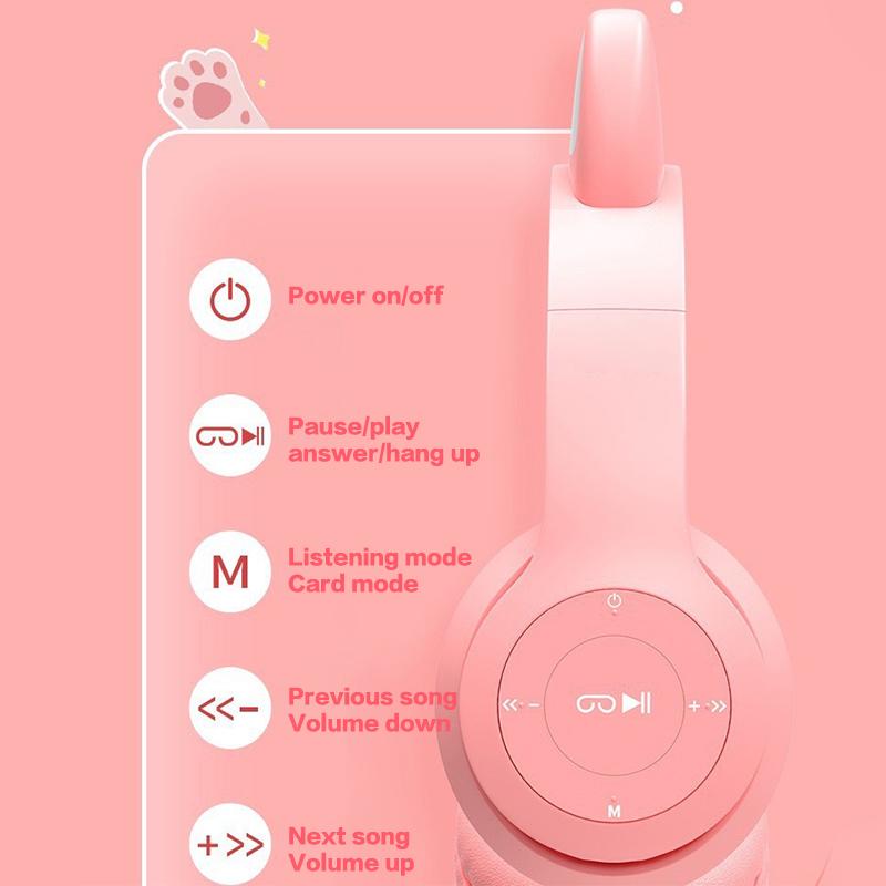 Cute Cat Ear Bluetooth Compatible Headset With Led Wireless Headset Children Girls Stereo Folding Sports Headset With Microphone