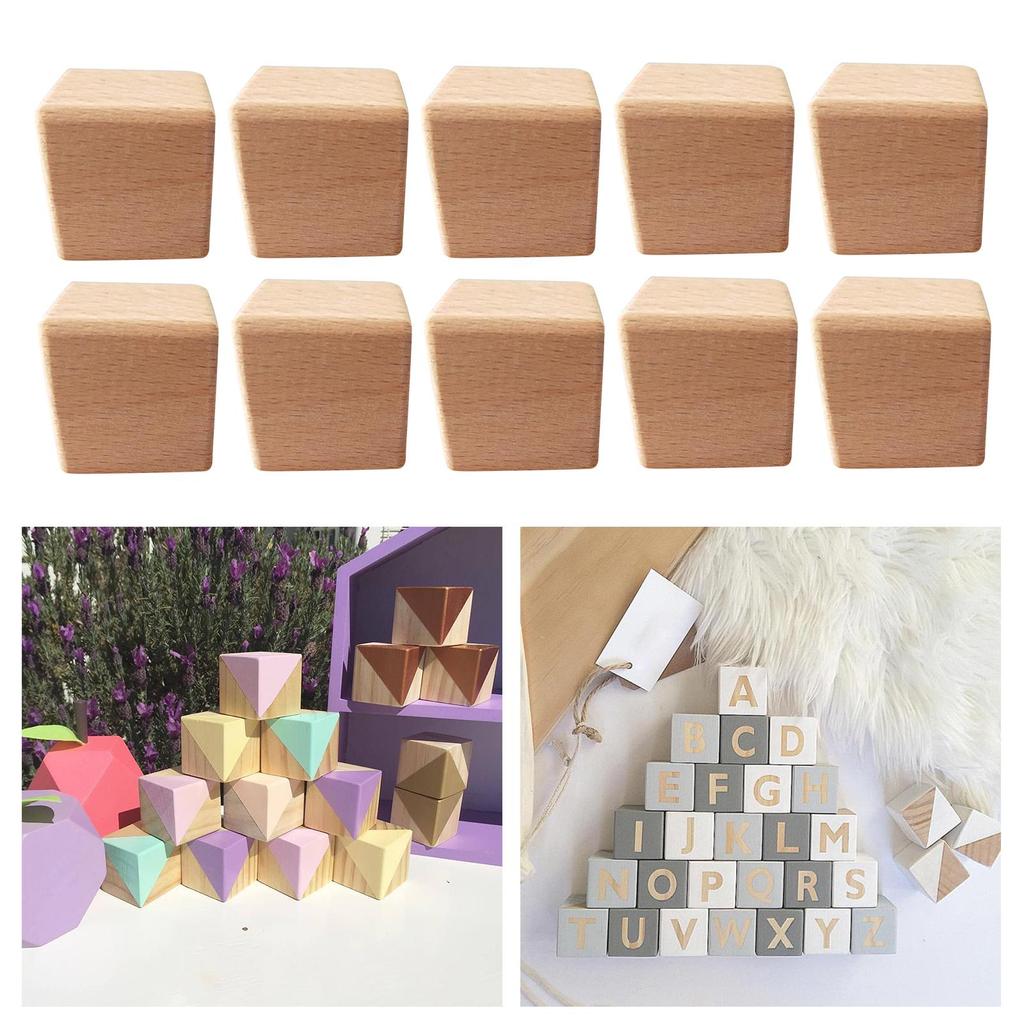 10Pcs Natural Wood Cube Blocks Square Crafts Wooden Shapes Unfinished Wooden