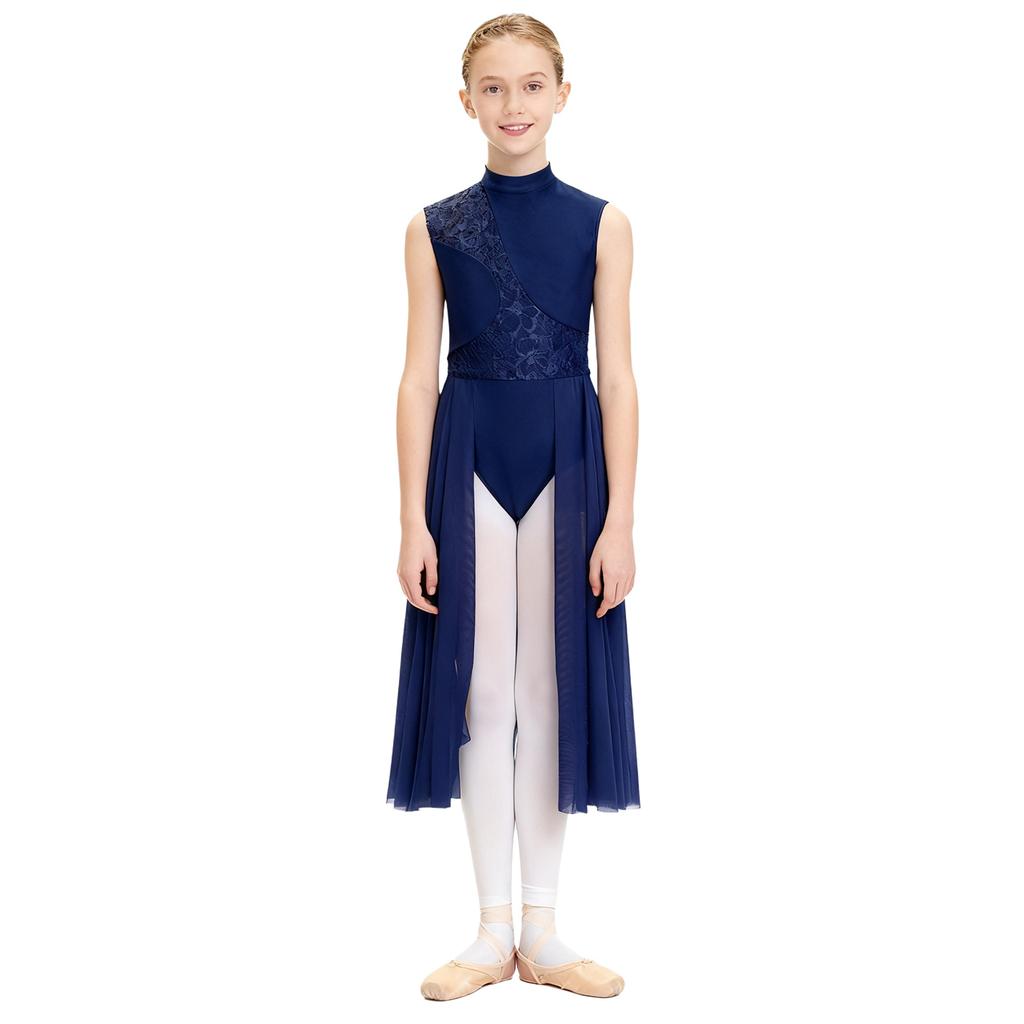 Kinder Mädchen Lyrisches Tanzkleid mit floralem Spitzen-Patchwork: Elegantes Stehkragen- und Cut-out-Rückendesign für Bühnenauftritte