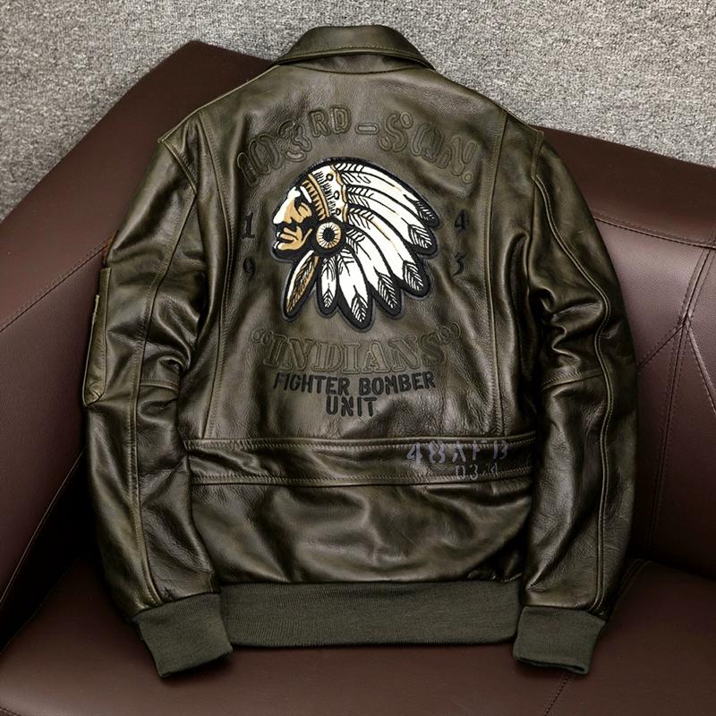 New Biker Jacket Men Genuine Leather Short Coat Horsehide Flight Bomber with Indian Embroidery