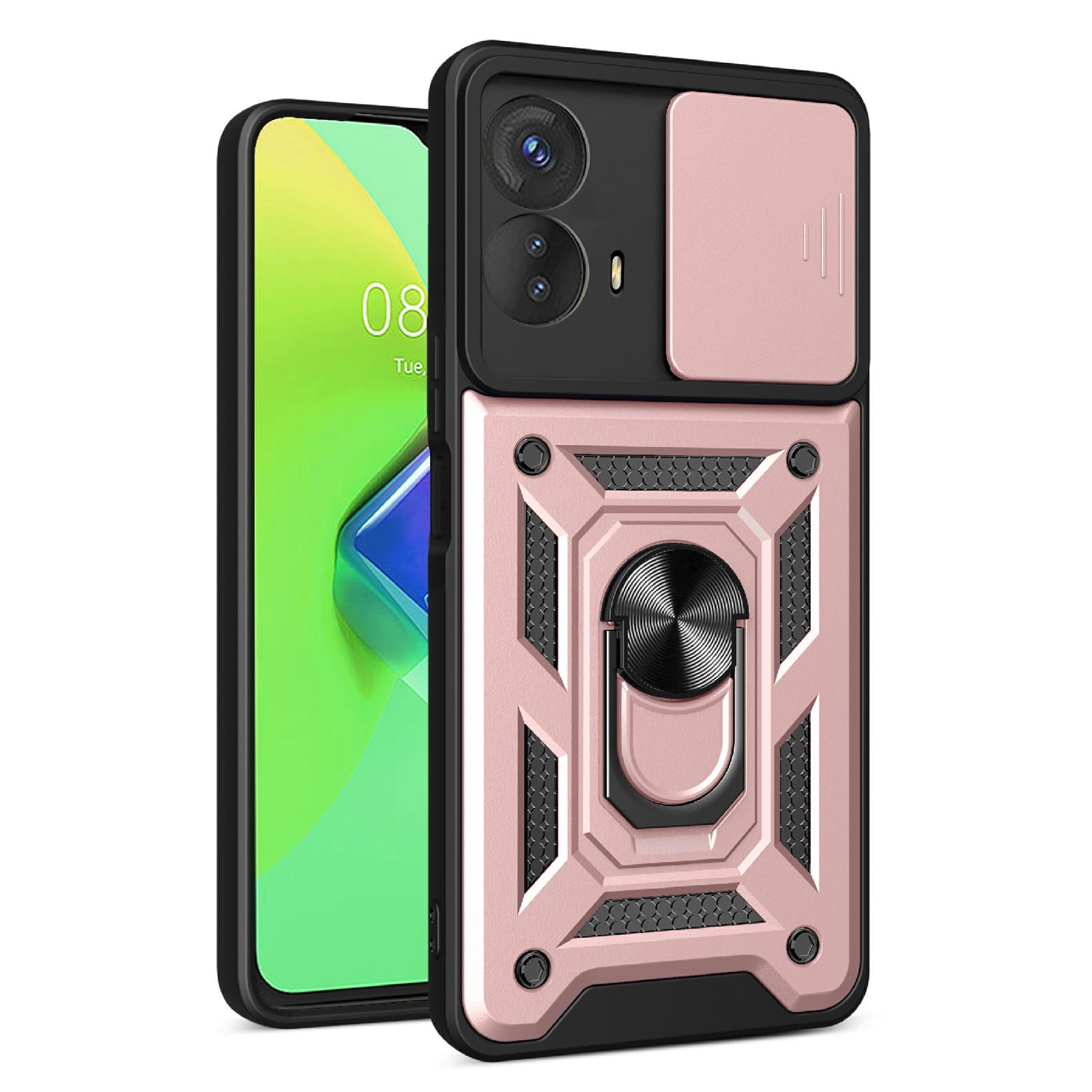 

For Motorola Moto G73 5G Slide Push Pull Camera Lens Protection Cover Kickstand PC+TPU Phone Case Protector Rose Gold