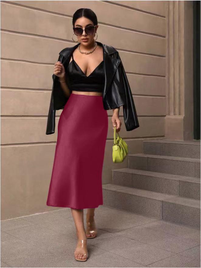 Jesienna satynowa spódnica midi z rybim ogonem - Nowa europejska i amerykańska moda damska