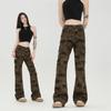 Ladies' American Vintage Camouflage Micro Flared Work Pants, Retro Trendy Brand Slim Fit Camouflage Work Pants