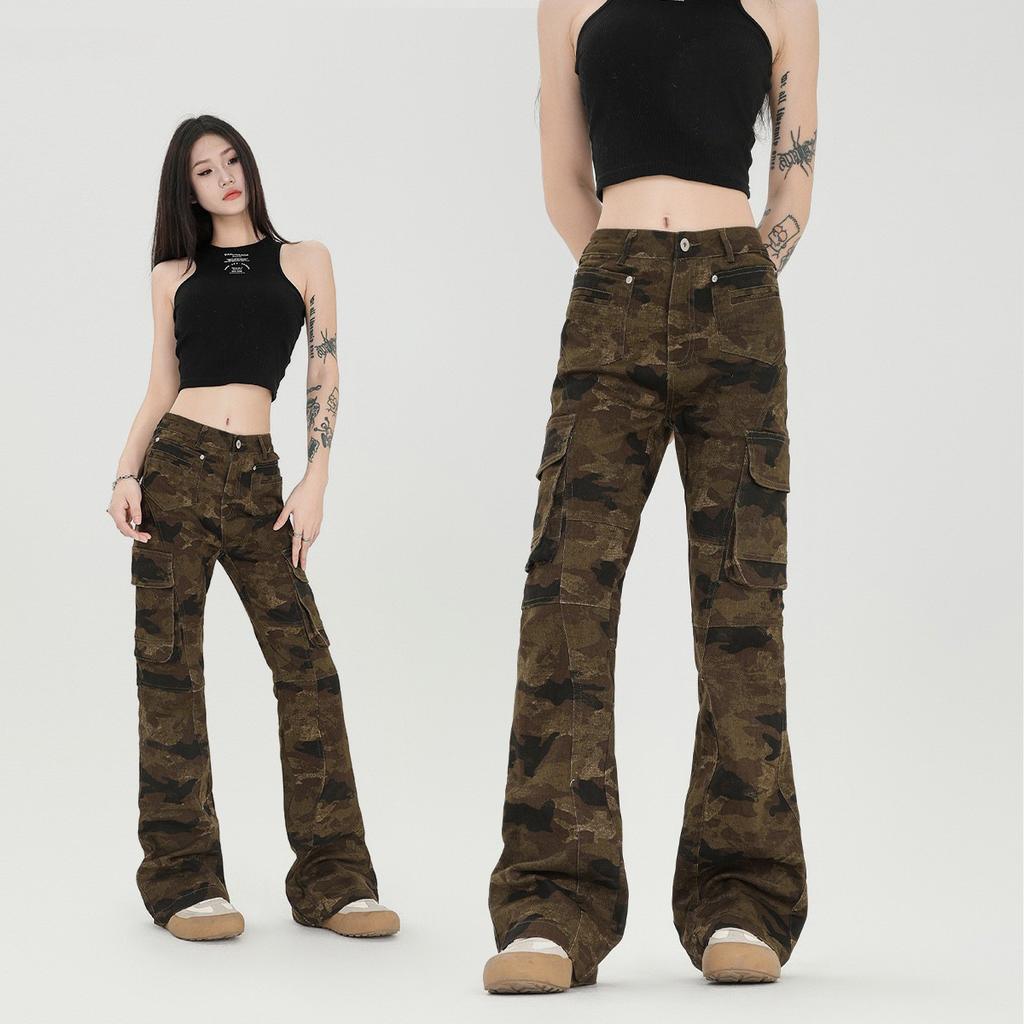 Ladies' American Vintage Camouflage Micro Flared Work Pants, Retro Trendy Brand Slim Fit Camouflage Work Pants