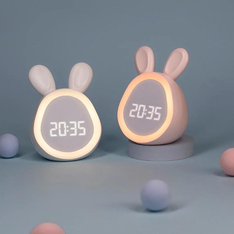 Dětský roztomilý králíčí budík s nočním světlem, plynulé stmívání, LED digitální budík pro chlapce a dívky
