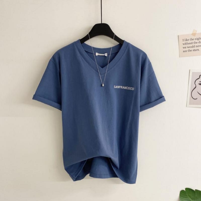 Honey J Women Embroidered LeTTering V Neck T shirT 4colors