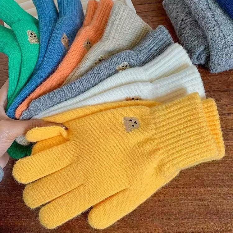 Korean Cute Bear Embroidered Wool Gloves for Women Autumn and Winter Knitted Touch Screen Student Warm Cycling Gloves Windproof
