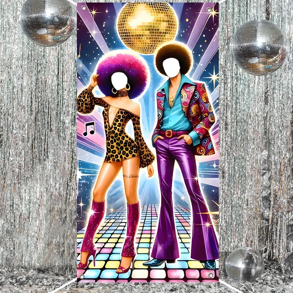 70s Disco Dance Party Photo Booth Backdrop - Retro Theme Hollow-Out Banner with Vibrant Neon Lights & Disco Ball for Birthday,