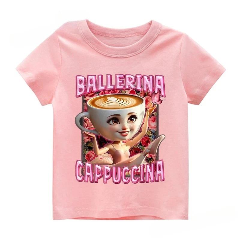 Summer Italian Brainrot Cotton Girls T-shirt Cute Ballerina Cappuccino Print Baby Tees Tops Casual Fashion Kid Children Clothes
