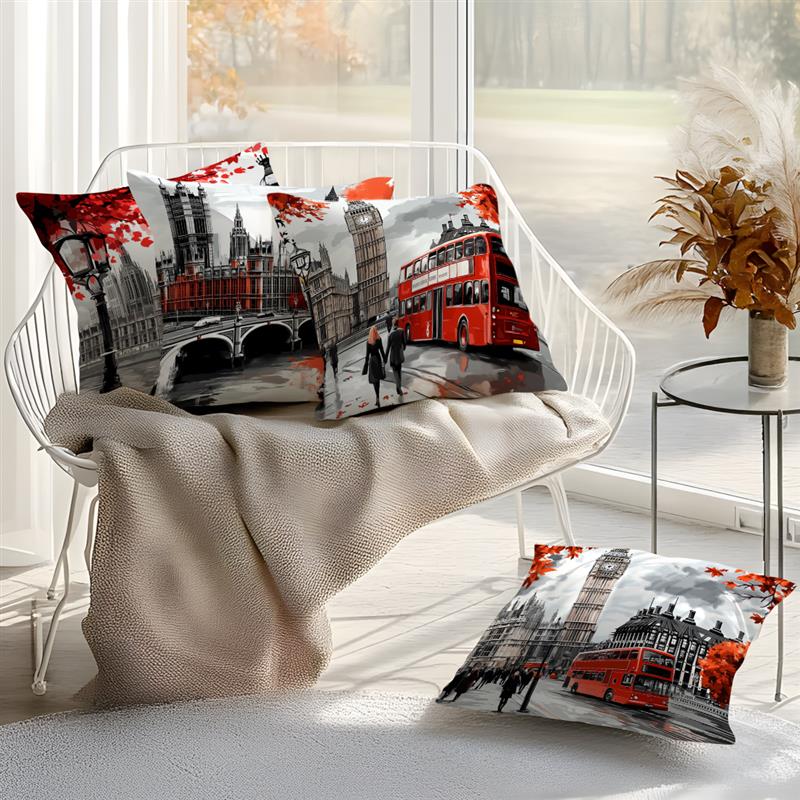 Home Decor London Icons With Red Autumn Leaves Pillowcase Pattern Cushion Cover Suitable For Sofa Bedroom Car Pillow Cover