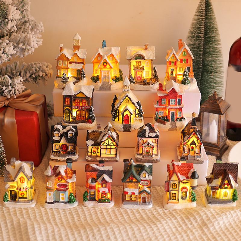 1 Pc Mini LED Christmas Village Houses Building Xmas Winter Village Town Collection Home Indoor Room Decoration Xmas Gifts