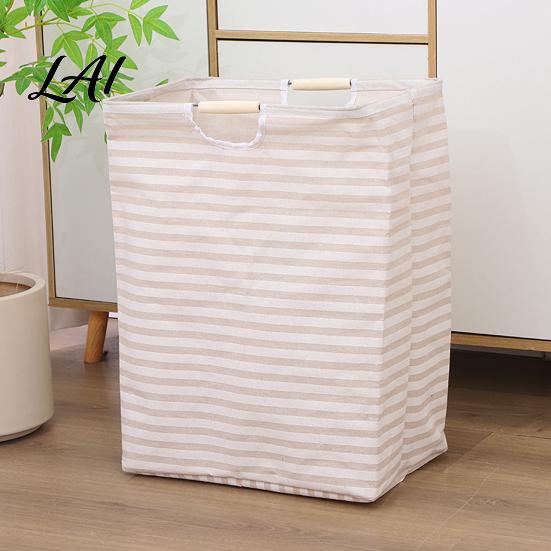 Cotton And Linen Laundry Organizer Basket with Wooden Handles Large Space Saving Bag Basket Storage Foldable for Families Collapsible Hamper