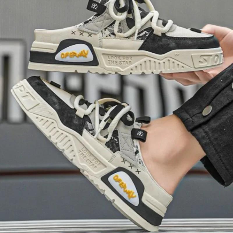 Fashion 2025Summer Fashion Designer Men Half Slipper Breathable Casual Platform Shoes Lightweight Sneakers Outdoor Walking Flats Loafers