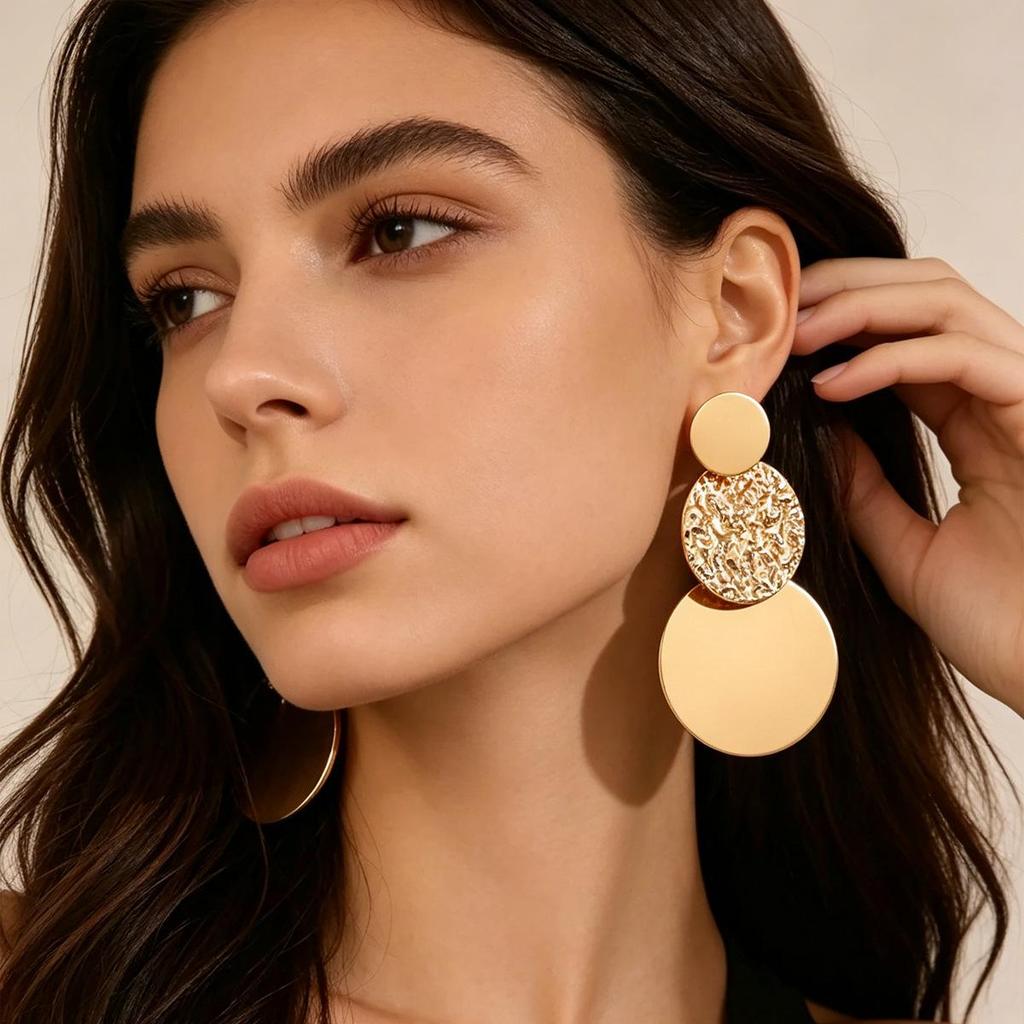 European Retro Geometric Gold Disc Stud Earrings for Women