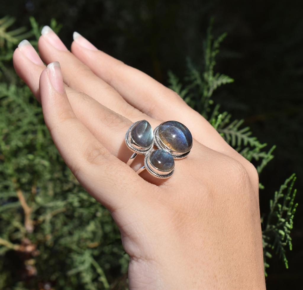 Labradorite Gemstone Ring: Handmade 925 Sterling Silver Three Stone Statement Ring