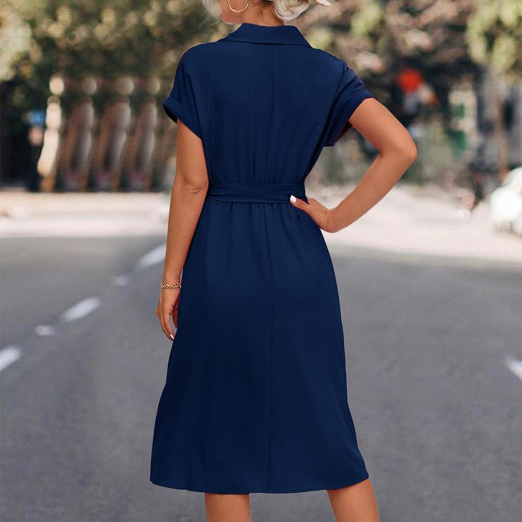 QICED Spring Summer Solid Color Print Short Sleeve POLO Neck Slim Shirt Lace-up Dress