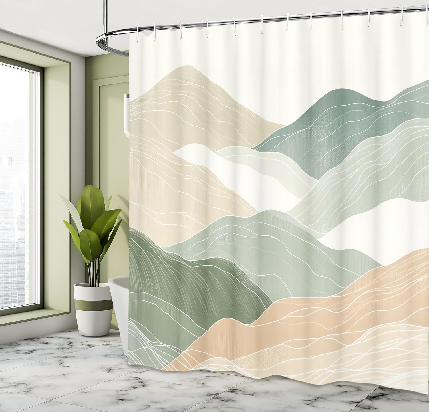 

Neutral Shower Curtain, Abstract Pencil Painting Print Of Mountains With Harmonious Pastel Tones, Cloth Fabric Bathroo W60H190(CM)-1 Pcs