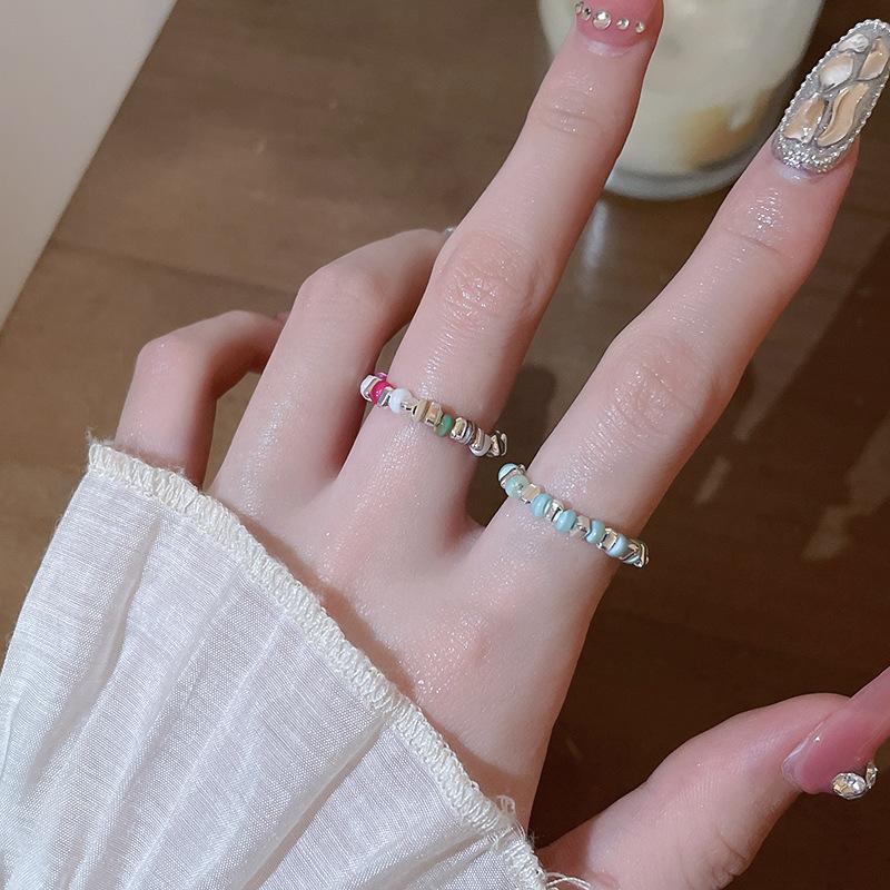 Fashion Vintage Colorful Natural Beaded Ring for Women Fashion Party Finger Elastic Ring Simple Design Jewelry Party Gift