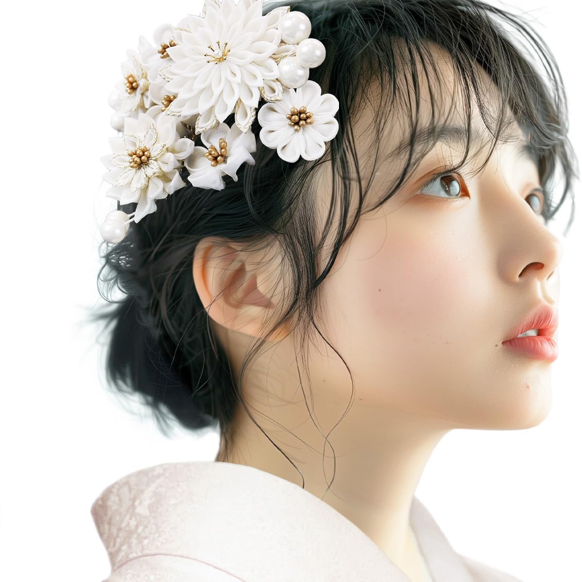 

Hair Ornament Set Perfect for Graduation and Other Japanese Clothing Includes a Chrysanthemum and Pearl and Matching 3-Piece Tsumami-Zaiku (Kagekiku) белый