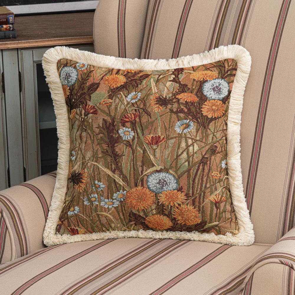 European Classical Jacquard Pillow Case Oil Painting Style Sunflower Tassel Waist Pillow Case Living Room Sofa Cushion Pillow Case