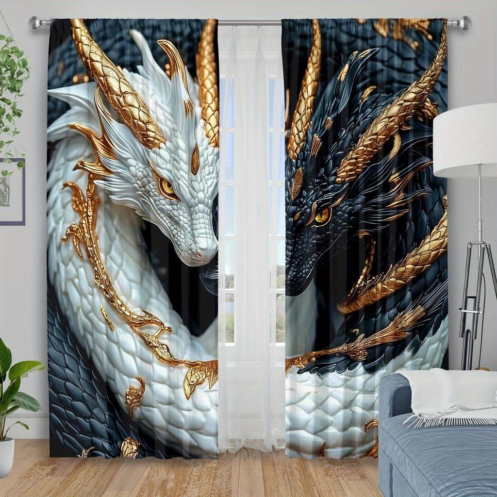Set Of 2 Dragon Thermal Curtains Light Blocking Polyester Bedroom Living Room Kitchen Decor Curtain With Rod Pocket Washable Perfect For Area