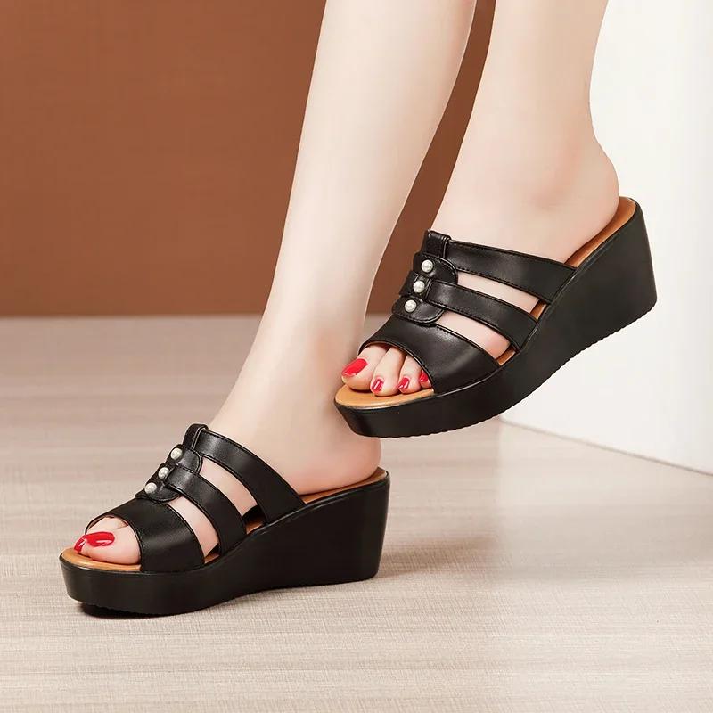 6cm Small Big Size 32-43 All Match Comfortable Thick Platform Wedges Slippers 2025 Med Heels Slides Leather Shoes Office Beach