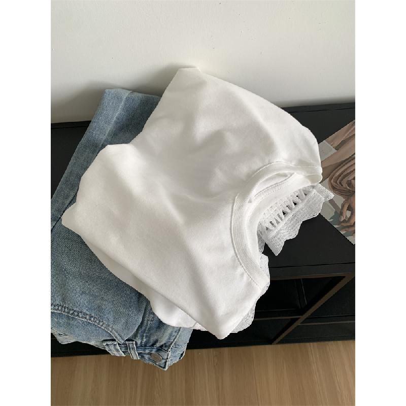 Hollowed-out lace hem pure cotton round-neck long-sleeve T-shirt for women, 2026 spring elegant Korean-style base shirt top